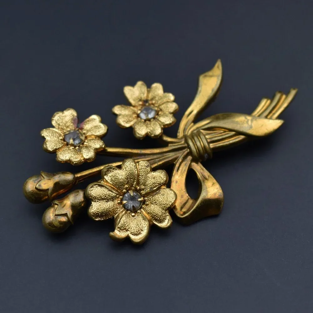 Vintage crystal flower brooch, floral rhinestone lapel pin